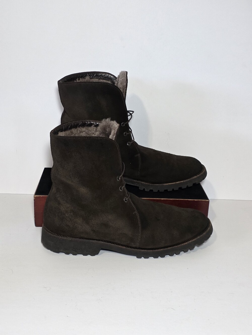 MAB STUDIO Brown Suede Shearling Fur Lined Lace Up Ankle Boots Vibram